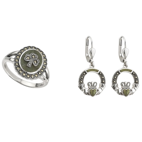 Solvar shamrock ring and claddagh earrings, Connemara marble, marcasite, silver - Picture 1 of 8
